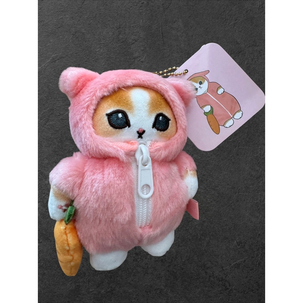 Mofusand Cat Plush Keychain Pink Rabbit Pajamas Calico Kitty with Carrot NWT